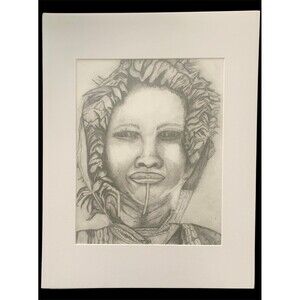 Signed Pencil Sketch of Native African Individual - Matted